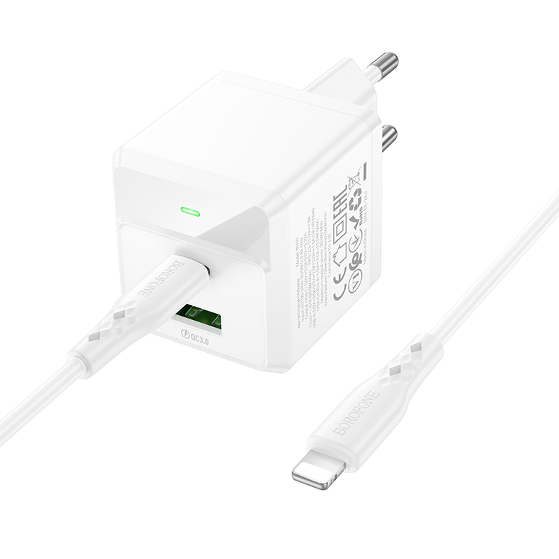 Borofone Wall charger  BN19 Intenso GaN - USB + Type C - PD 20W QC 3.0 3A with Type C to Lightning cable white