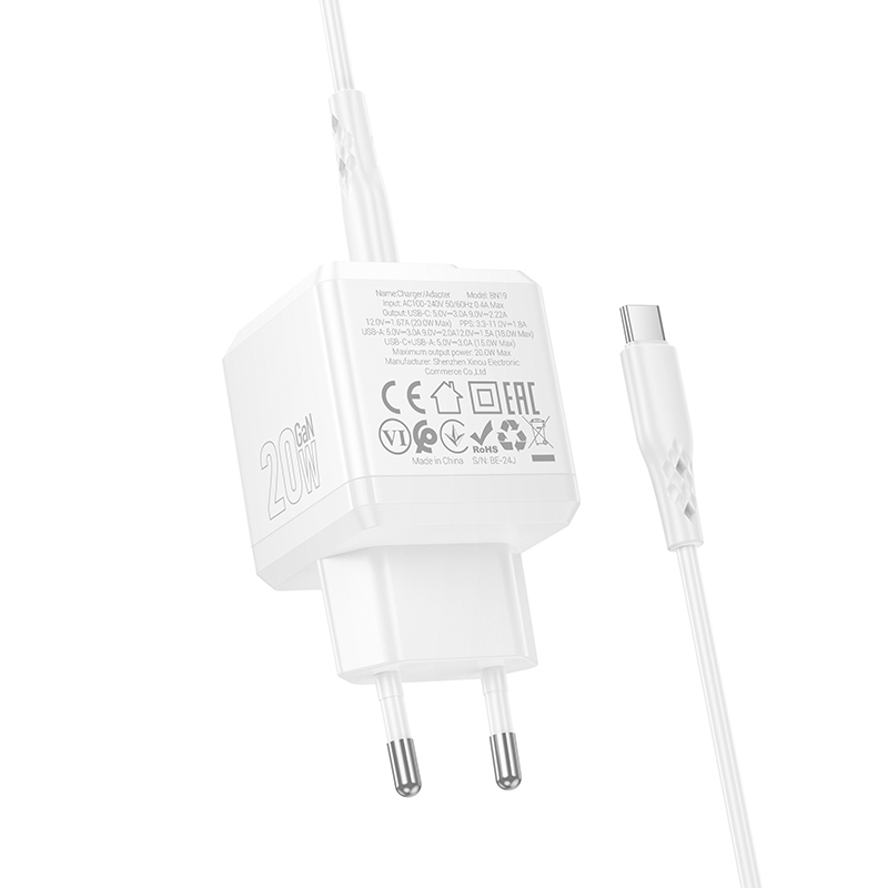 Borofone Wall charger  BN19 Intenso GaN - USB + Type C - PD 20W QC 3.0 3A with Type C to Type C cable white