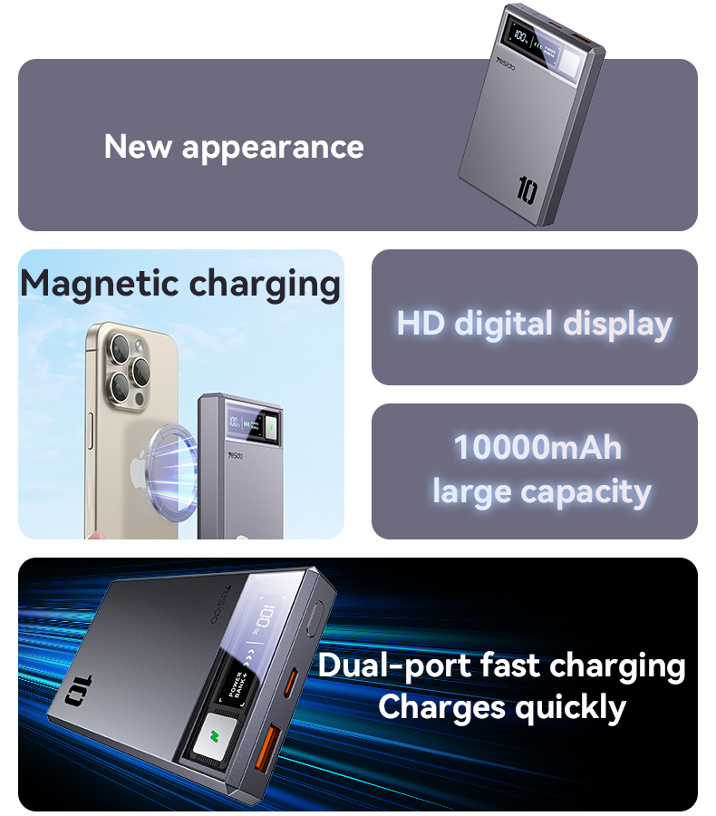Benks Power bank 10000mAh YP61 - USB + Type C - magnetic, induction 15W dark grey