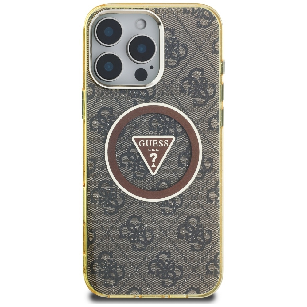 Original Case GUESS IML Metal Glitter 4G Circle Triangle MagSafe for Iphone 16 Pro brown
