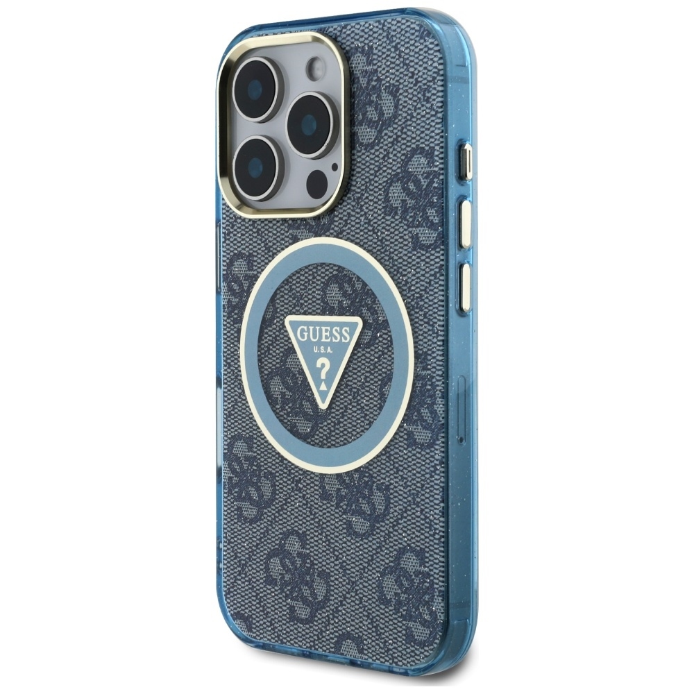 Original Case GUESS IML Metal Glitter 4G Circle Triangle MagSafe for Iphone 16 Pro Max blue
