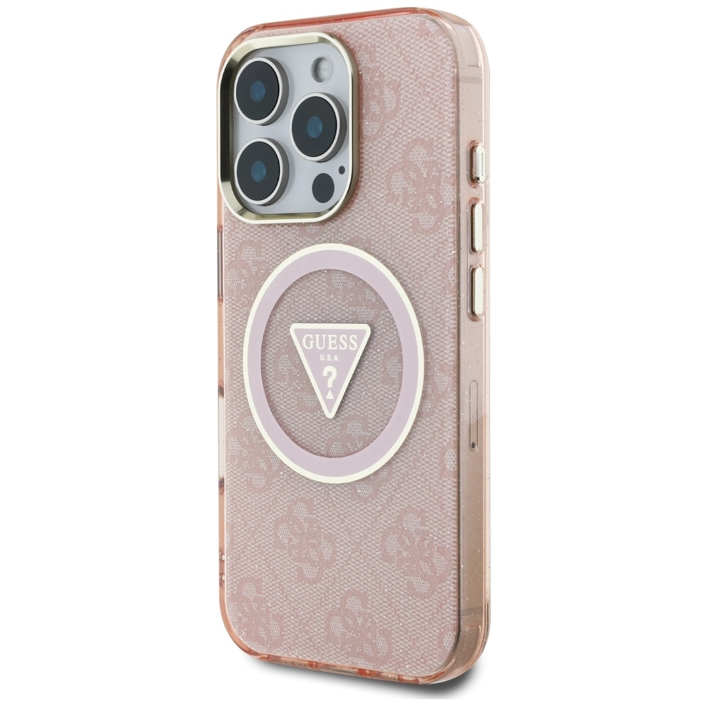 Original Case GUESS IML Metal Glitter 4G Circle Triangle MagSafe for Iphone 16 Pro Max pink