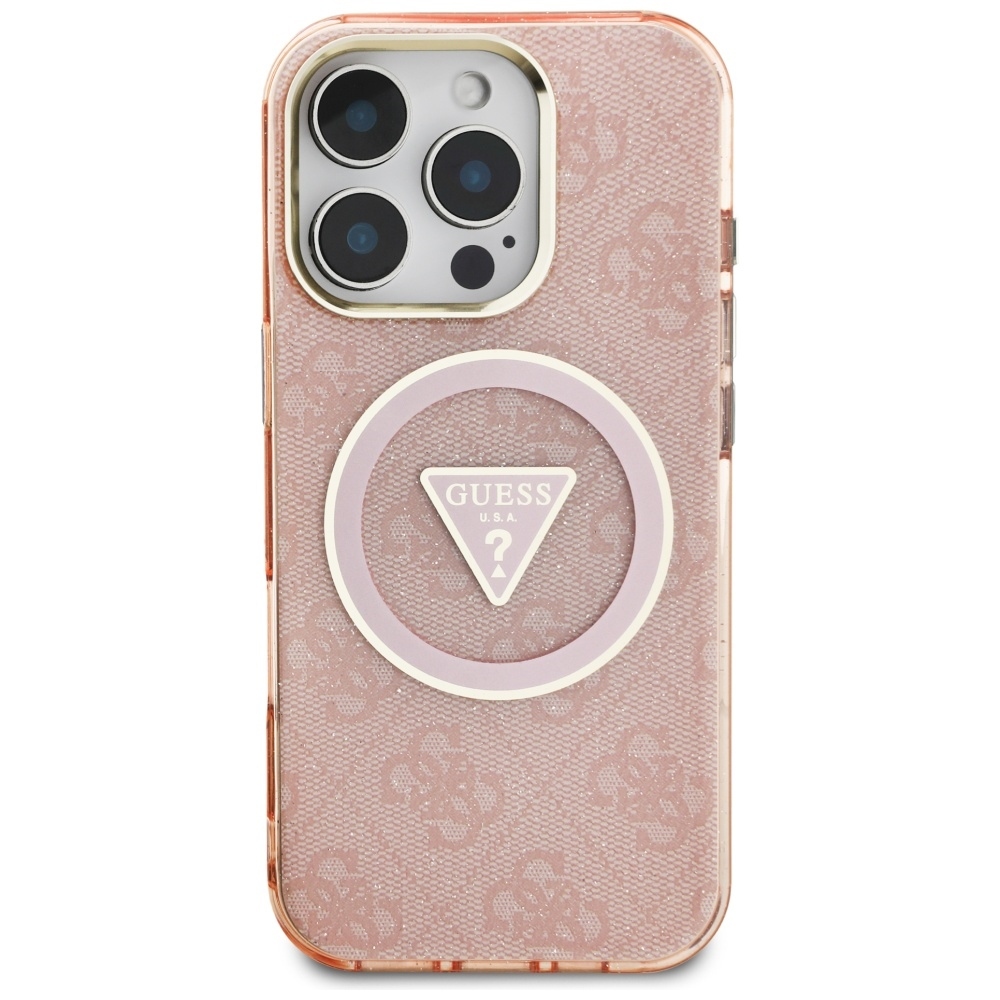 Original Case GUESS IML Metal Glitter 4G Circle Triangle MagSafe for Iphone 16 Pro Max pink