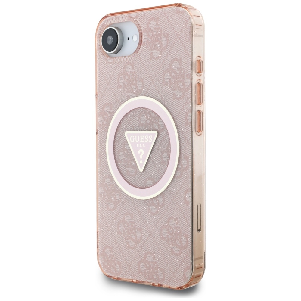 Original Case GUESS IML Metal Glitter 4G Circle Triangle MagSafe for Iphone 16e pink