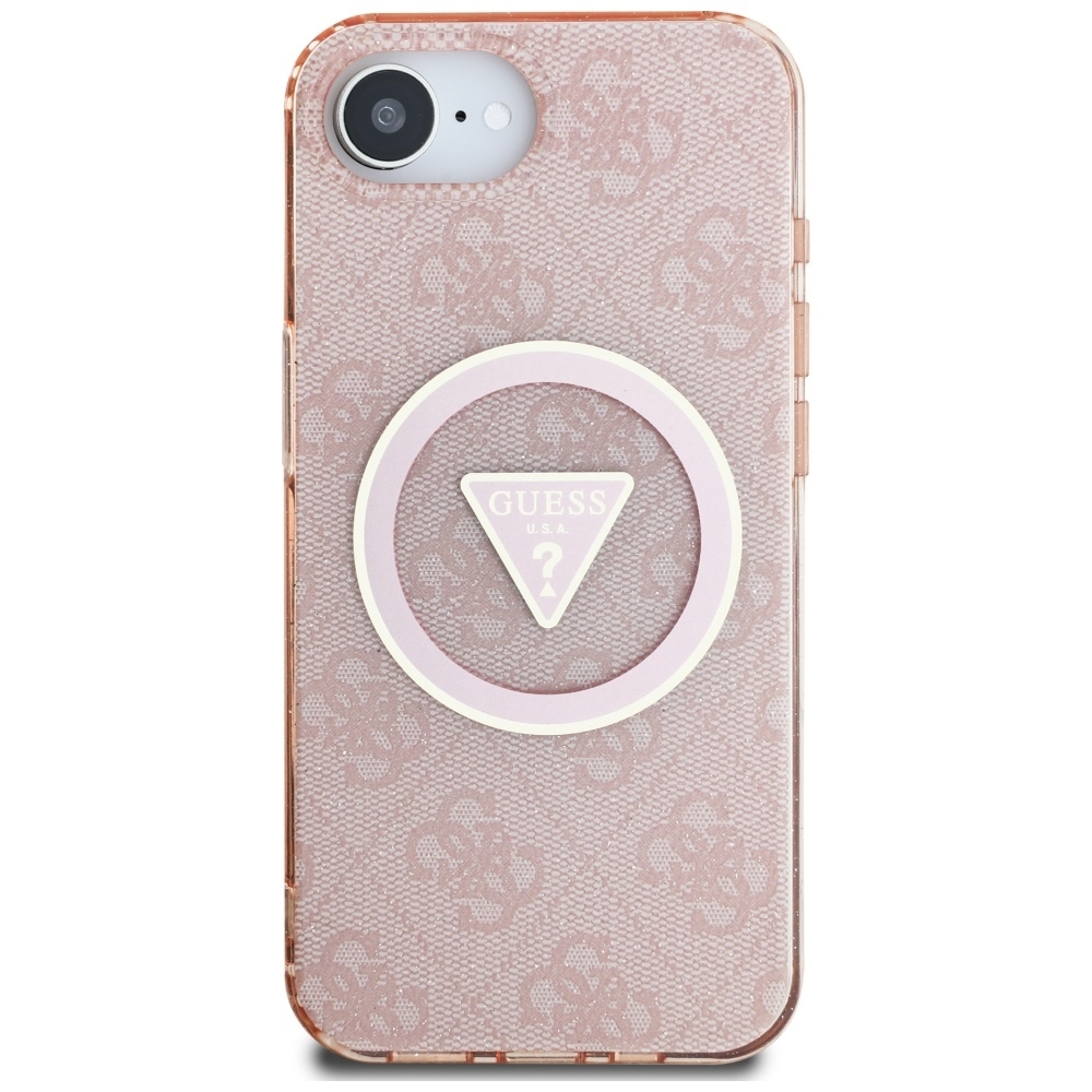 Original Case GUESS IML Metal Glitter 4G Circle Triangle MagSafe for Iphone 16e pink