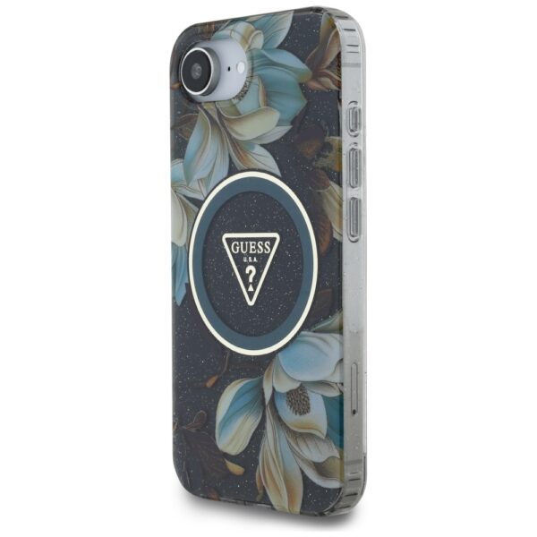 Original Case GUESS IML Metal Glitter Flowers Triangle MagSafe for Iphone 16e black