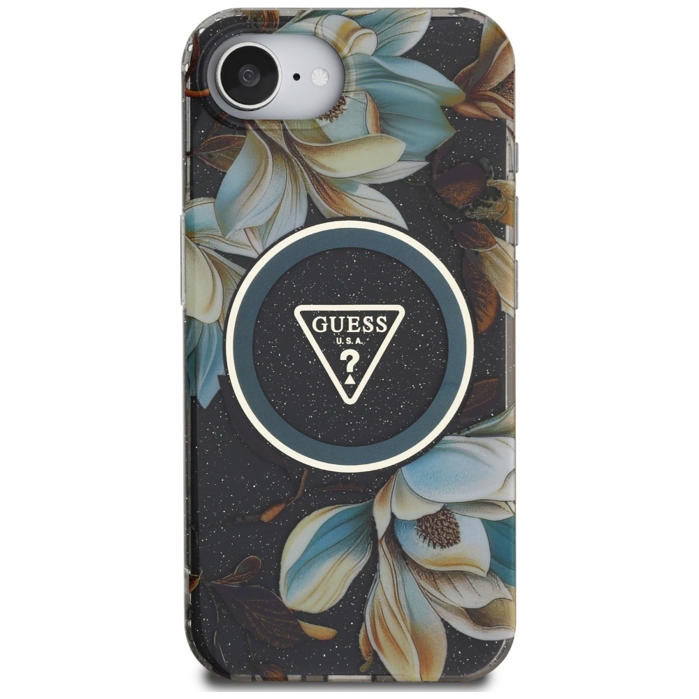 Original Case GUESS IML Metal Glitter Flowers Triangle MagSafe for Iphone 16e black