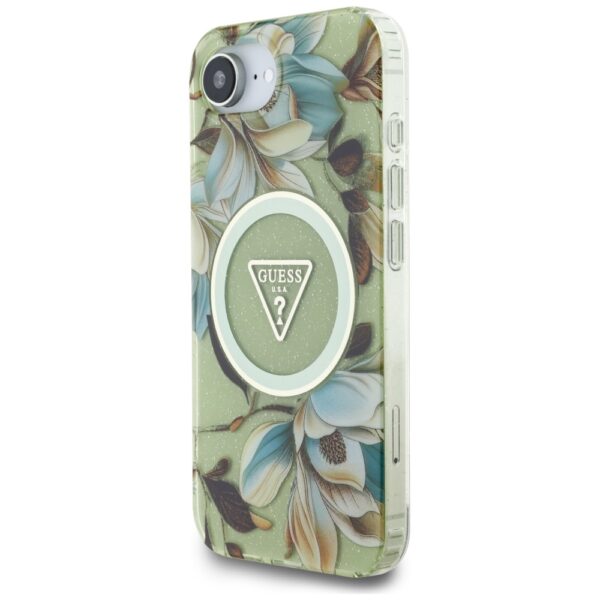 Original Case GUESS IML Metal Glitter Flowers Triangle MagSafe for Iphone 16e green
