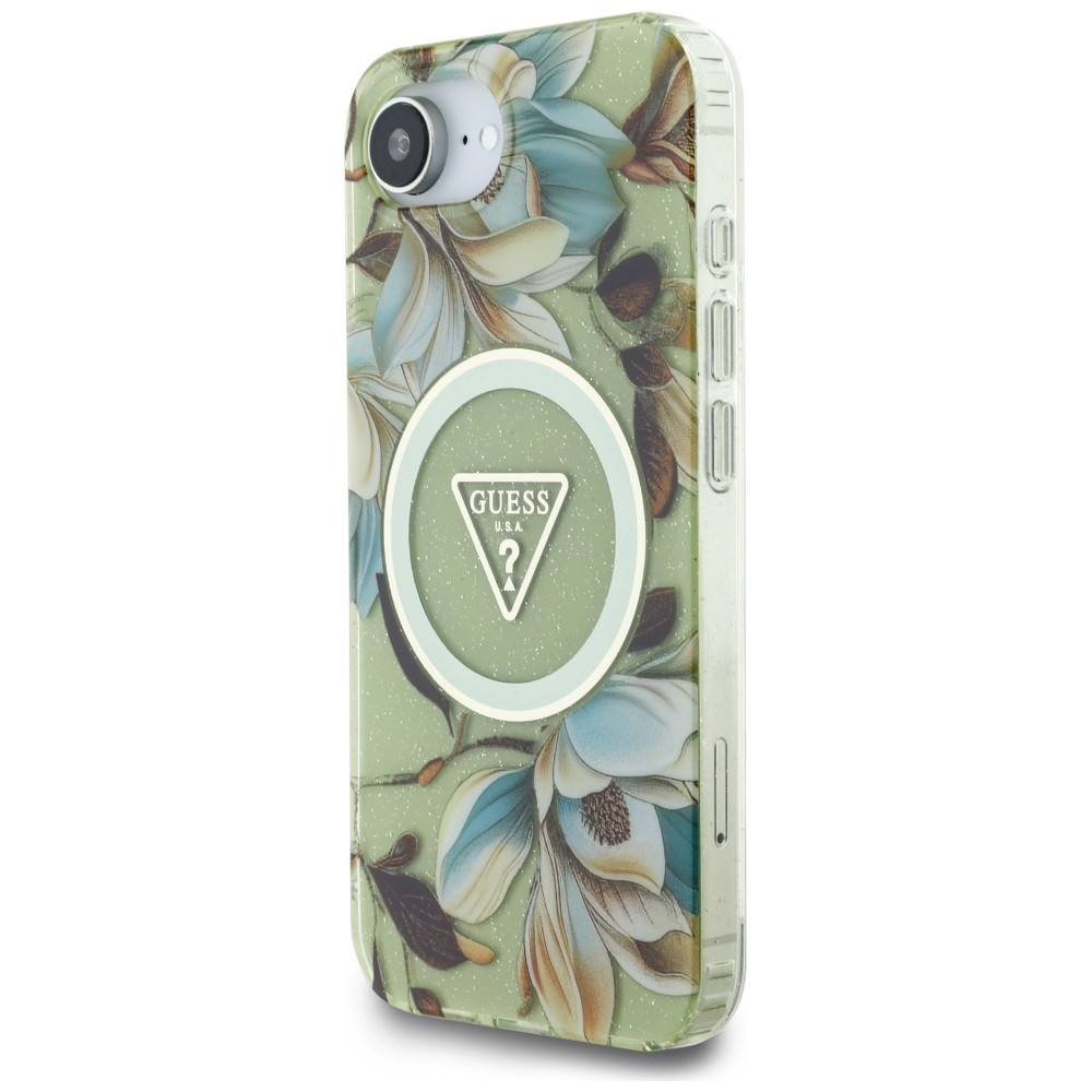 Original Case GUESS IML Metal Glitter Flowers Triangle MagSafe for Iphone 16e green