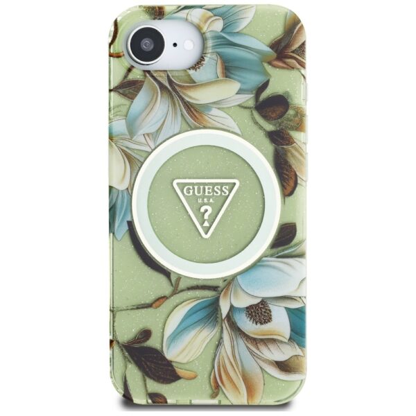 Original Case GUESS IML Metal Glitter Flowers Triangle MagSafe for Iphone 16e green