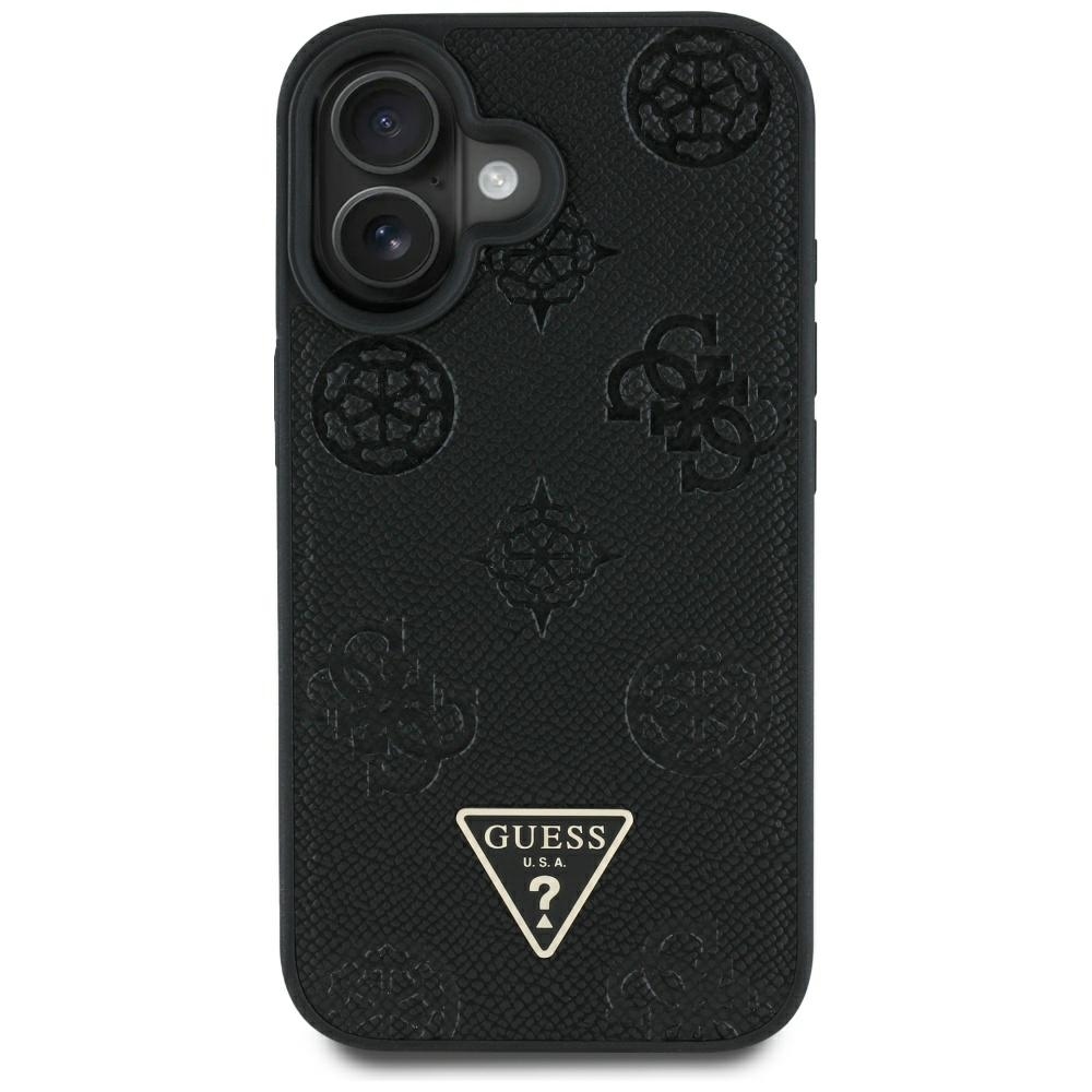 Original Case GUESS Grained Hot Stamp Peony Triangle Logo MagSafe for Iphone 16 black