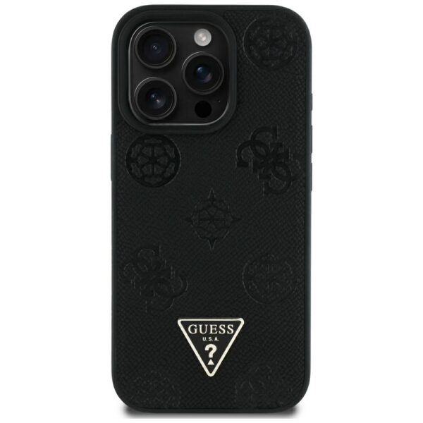 Original Case GUESS Grained Hot Stamp Peony Triangle Logo MagSafe for Iphone 16 Pro Max black