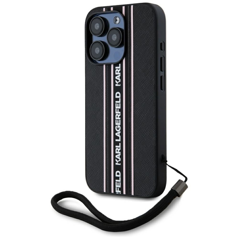 Original Pouch KARL LAGERFELD Saffiano Athleisure Stripes Cord for Iphone 15 Pro Max black - pink