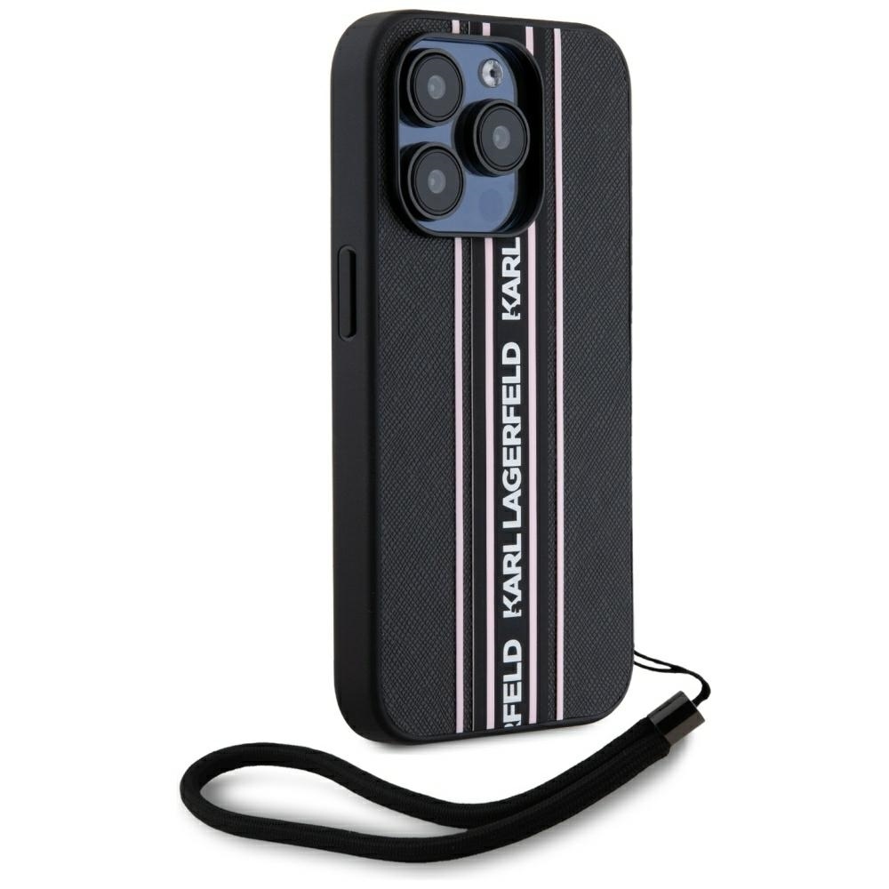 Original Pouch KARL LAGERFELD Saffiano Athleisure Stripes Cord for Iphone 15 Pro Max black - pink