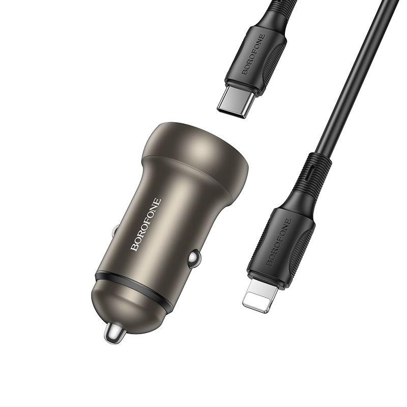 Borofone Car charger BZ32A Fresh - USB + Type C - QC 3.0 PD 30W with Type C to Lightning cable grey