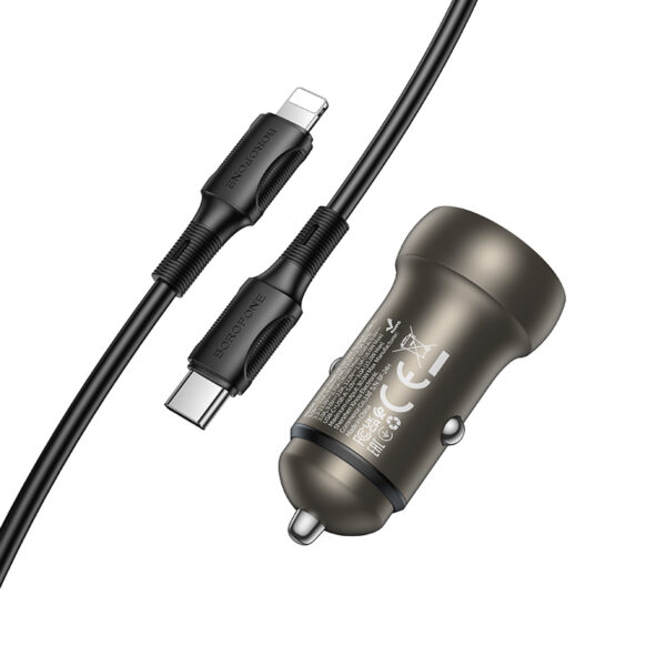 Borofone Car charger BZ32A Fresh - USB + Type C - QC 3.0 PD 30W with Type C to Lightning cable grey