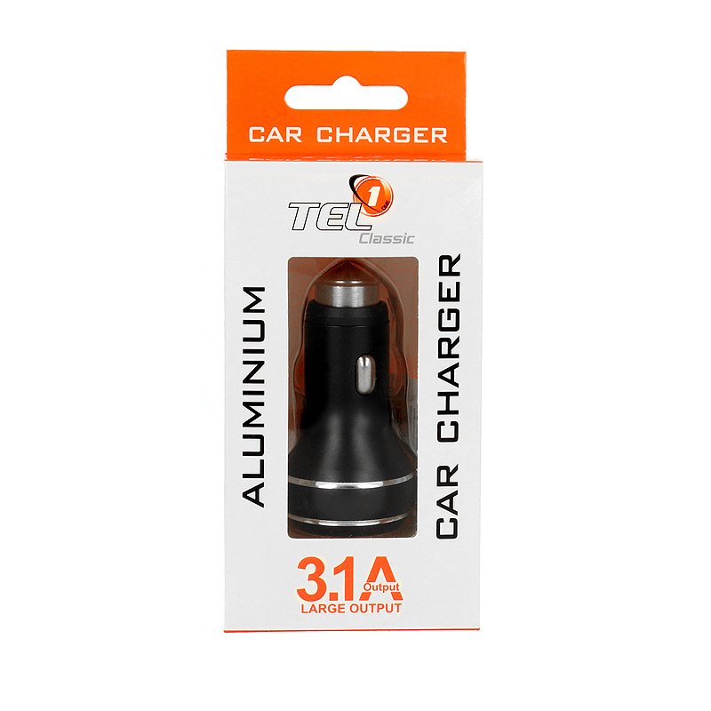 Tel1 Car Charger Aluminum - 2xUSB - 3,1 Amperes BLACK