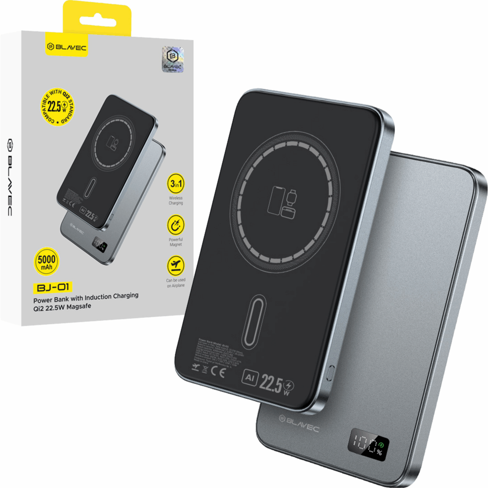 Blavec Power Bank 5000mAh BJ-01 Ultra Slim 7,8mm - Type C - 22,5W magnetic Magsafe 3 in 1 (PBBJ01-MC5G) grey