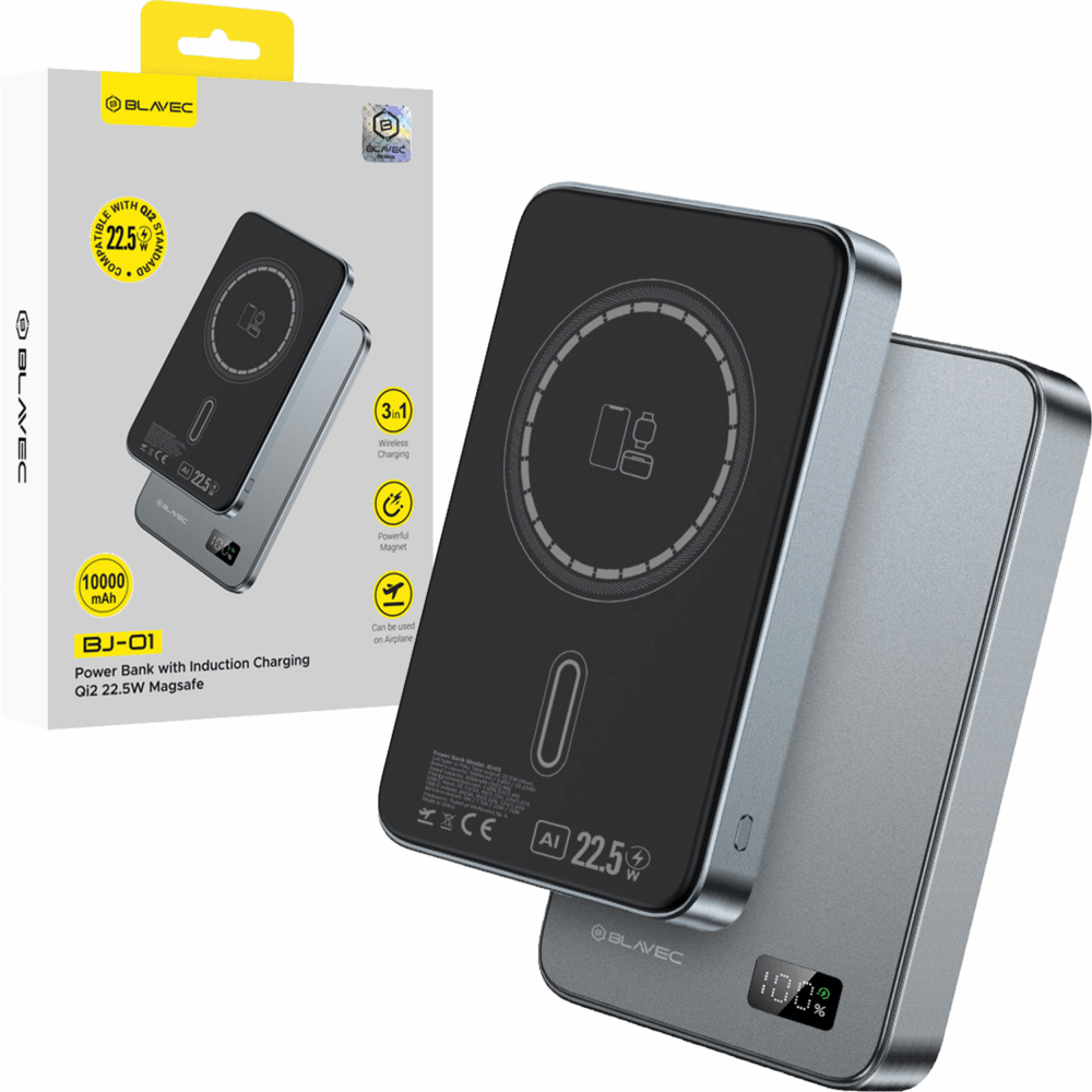 Blavec Power Bank 10000mAh BJ-01 Slim 15mm - Type C - 22,5W magnetic Magsafe 3 in 1 (PBBJ01-MC10G) grey