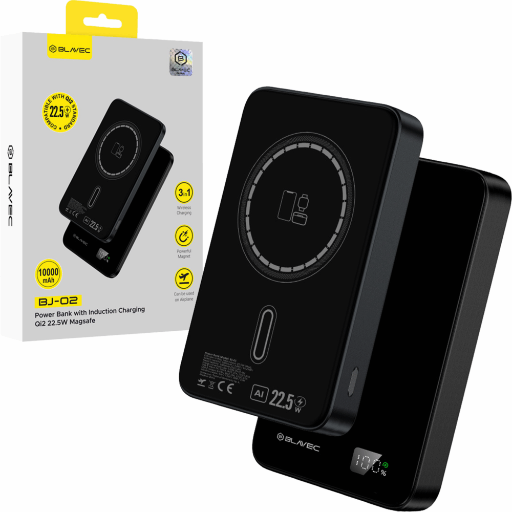 Blavec Power Bank 10000mAh BJ-02 Slim 13,5mm - Type C - 22,5W magnetic Magsafe 3 in 1 (PBBJ02-MC10B) black
