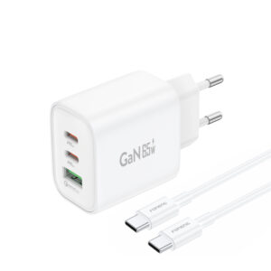 Foneng Wall charger GaN10-EU - USB + 2xType C - QC 4.0+ PD 65W with Type C to Type C cable white