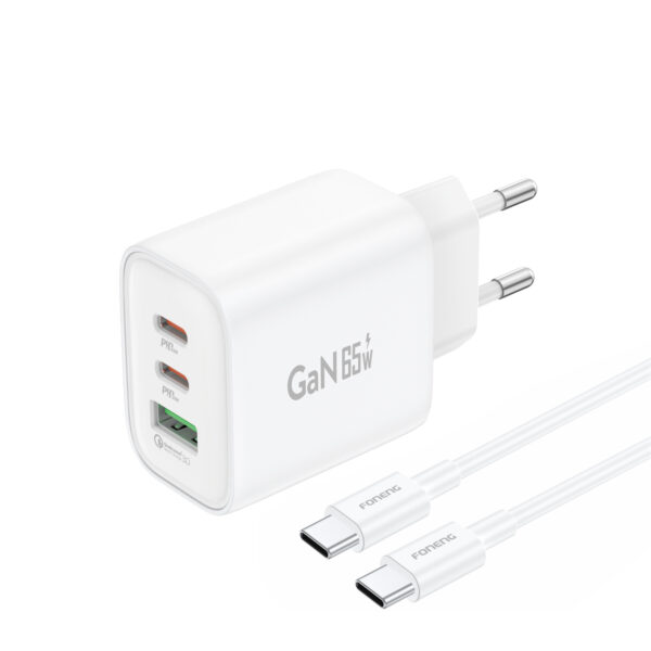 Foneng Wall charger GaN10-EU - USB + 2xType C - QC 4.0+ PD 65W with Type C to Type C cable white