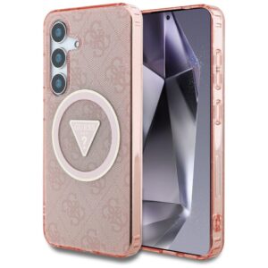 Original Case GUESS 4G Glitter Triangle Buttons Magsafe for Samsung Galaxy S25 pink