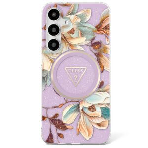 Original Case GUESS Glitter Flowers Triangle Buttons Magsafe for Samsung Galaxy S25 purple