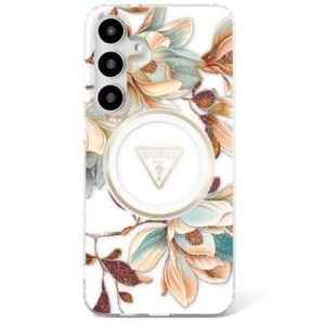 Original Case GUESS Glitter Flowers Triangle Buttons Magsafe for Samsung Galaxy S25 Ultra white