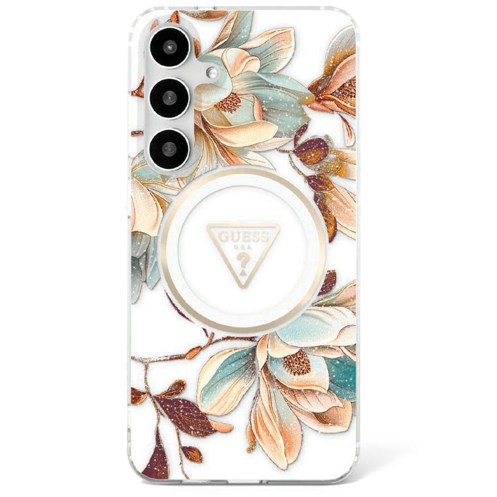 Original Case GUESS Glitter Flowers Triangle Buttons Magsafe for Samsung Galaxy S25 Ultra white