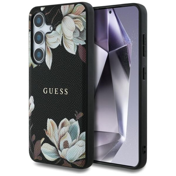 Original Case GUESS Grained Printed Flower Pattern Magsafe do Samsung Galaxy S25 black