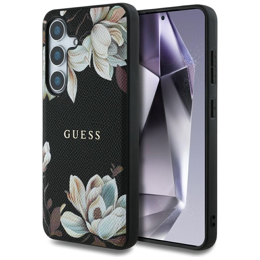 Original Case GUESS Grained Printed Flower Pattern Magsafe do Samsung Galaxy S25 black