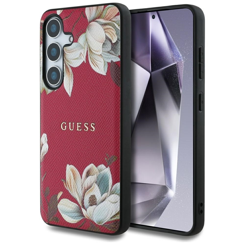 Original Case GUESS Grained Printed Flower Pattern Magsafe do Samsung Galaxy S25 fuchsia