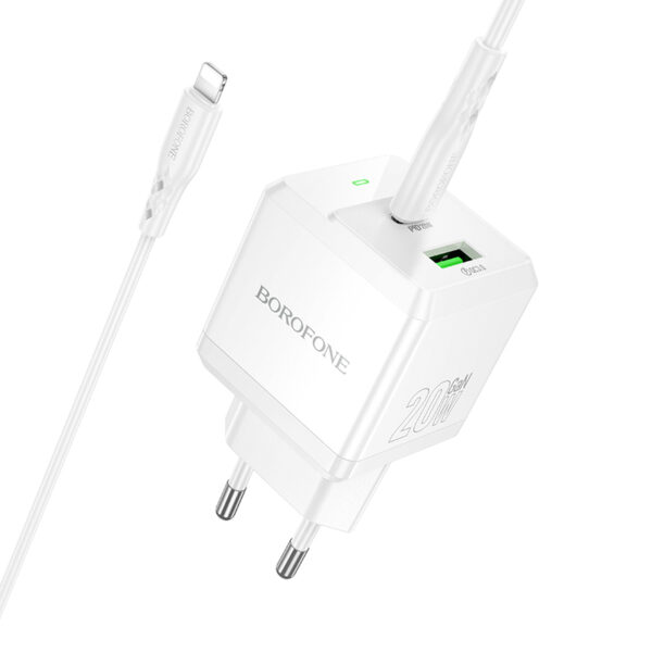 Borofone Wall charger  BN19 Intenso GaN - USB + Type C - PD 20W QC 3.0 3A with Type C to Lightning cable white