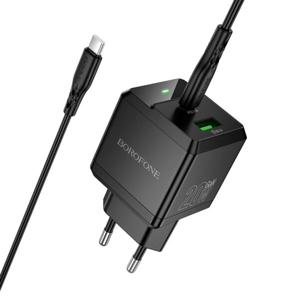 Borofone Wall charger  BN19 Intenso GaN - USB + Type C - PD 20W QC 3.0 3A with Type C to Type C cable black
