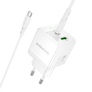 Borofone Wall charger  BN19 Intenso GaN - USB + Type C - PD 20W QC 3.0 3A with Type C to Type C cable white