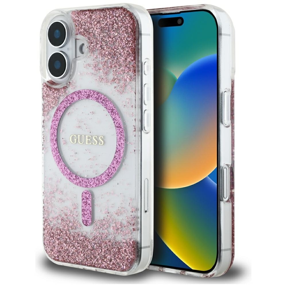 Original Case GUESS HC Resin Bottom Glitter Magsafe for Iphone 16 pink