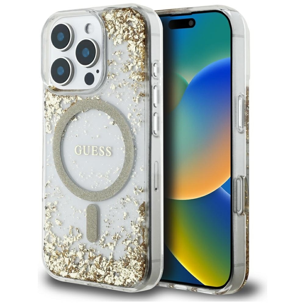 Original Case GUESS HC Resin Bottom Glitter Magsafe for Iphone 16 Pro gold