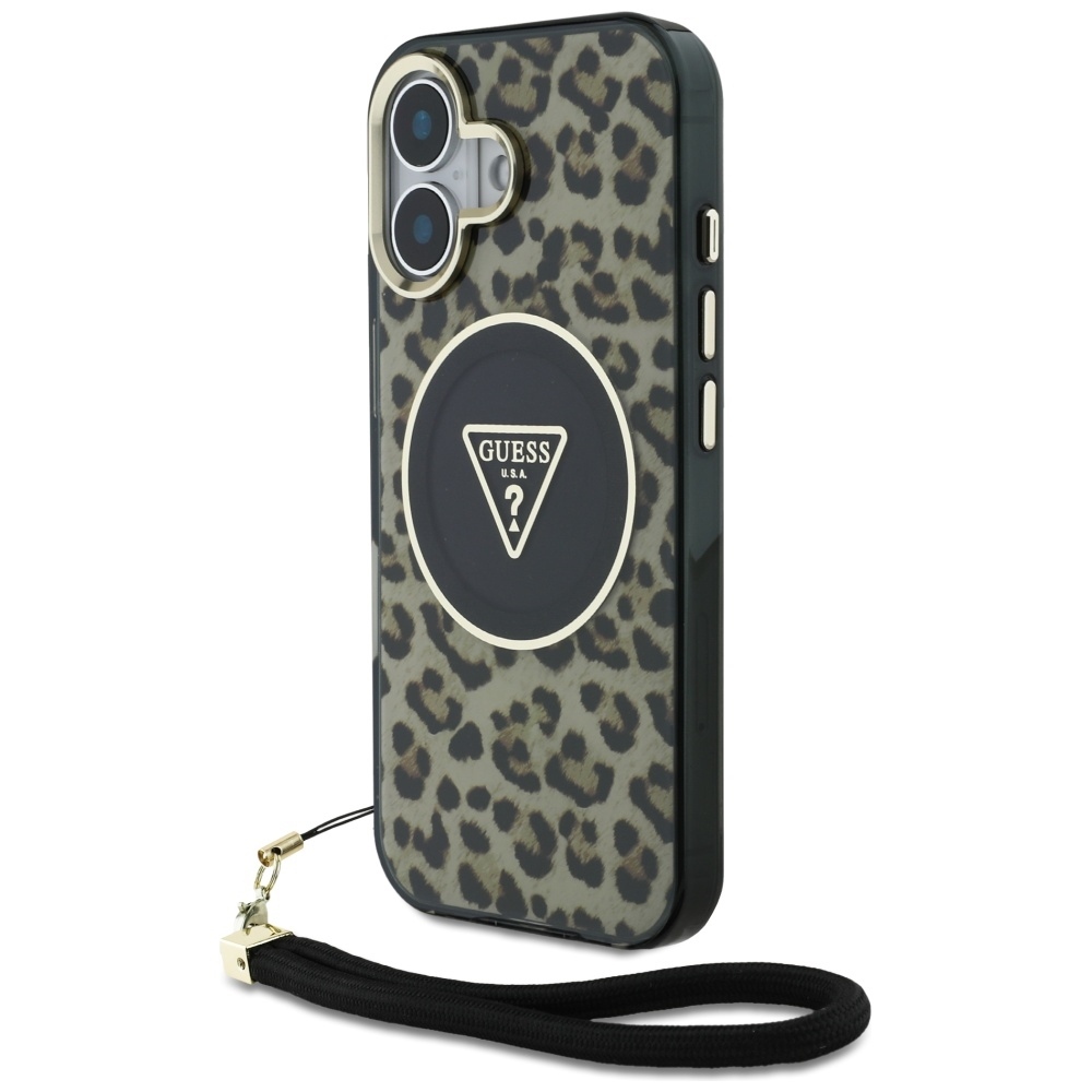 Original Case GUESS HC IML Leopard Triangle Cord Strap for Iphone 16 brown