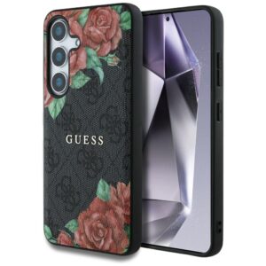 Original Case GUESS Leather 4G Flowers Print  Metal Classic Logo MagSafe do Samsung Galaxy S25 black