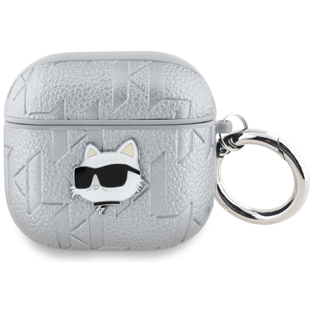 Original AMG Case KARL LAGERFELD Monogram Choupette Head for AirPods 4 silver
