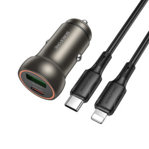 Borofone Car charger BZ32A Fresh - USB + Type C - QC 3.0 PD 30W with Type C to Lightning cable grey