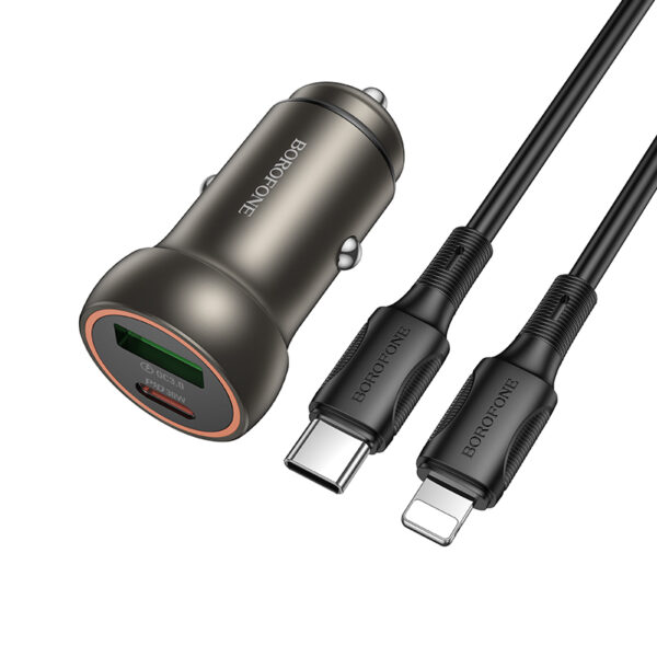 Borofone Car charger BZ32A Fresh - USB + Type C - QC 3.0 PD 30W with Type C to Lightning cable grey