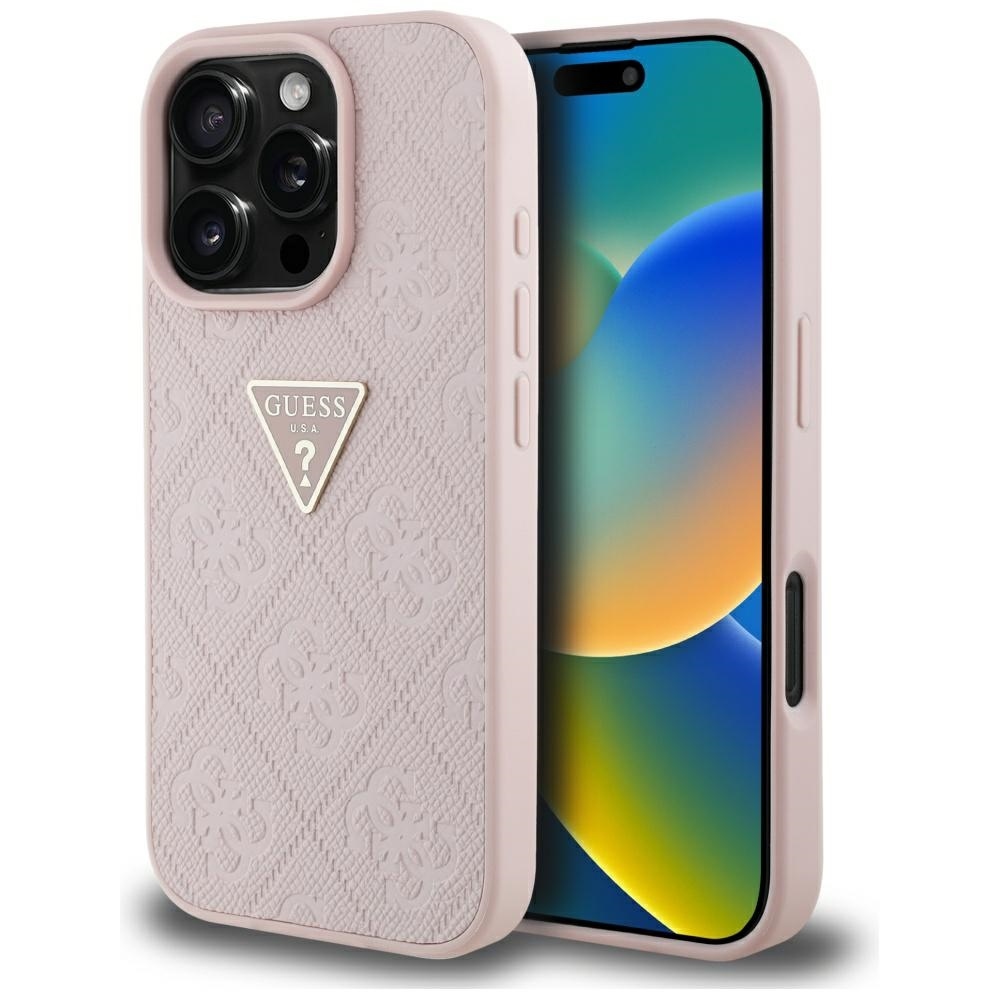 Original Case GUESS Hot Stamp 4G Pattern Triangle Metal Logo for Iphone 16 Pro Max pink