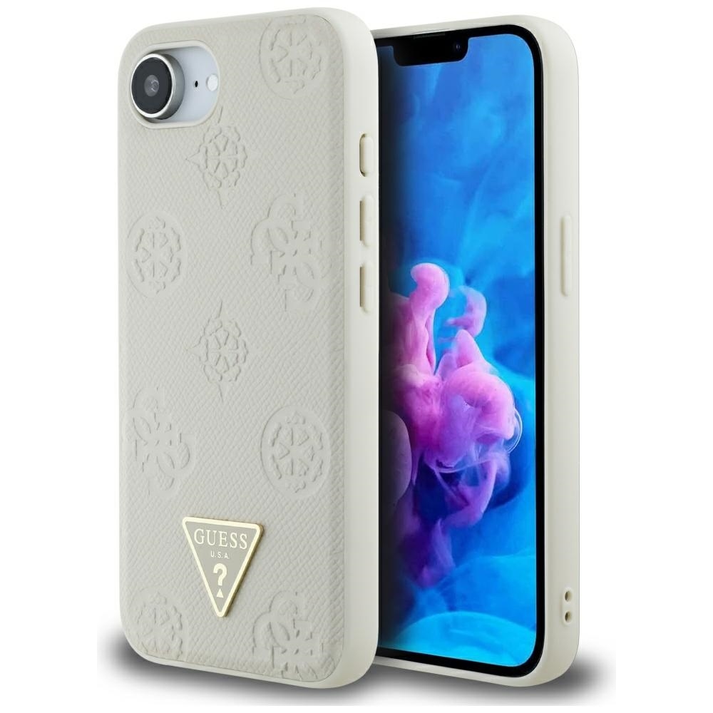 Original Case GUESS Grained Hot Stamp Peony Triangle Logo MagSafe for Iphone 16e beige