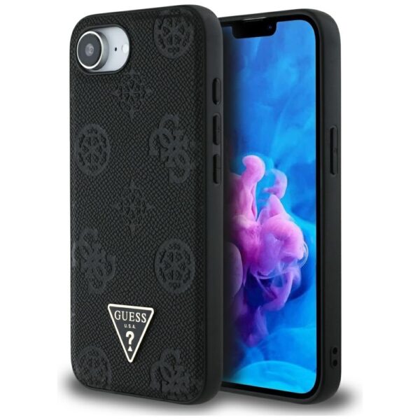 Original Case GUESS Grained Hot Stamp Peony Triangle Logo MagSafe for Iphone 16e black