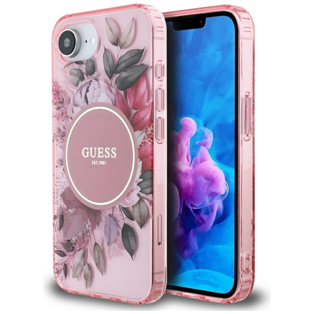 Original Case GUESS IML Flowers MagSafe for Iphone 16e pink