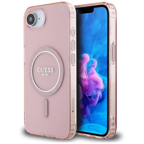 Original Case GUESS IML Glitter Circle MagSafe for Iphone 16e pink