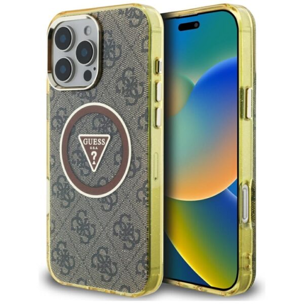 Original Case GUESS IML Metal Glitter 4G Circle Triangle MagSafe for Iphone 16 Pro brown