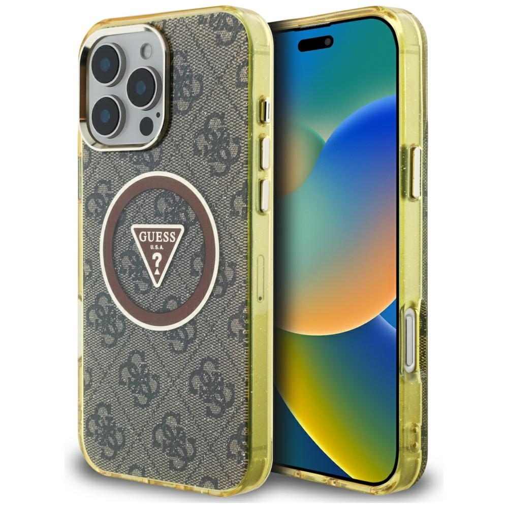 Original Case GUESS IML Metal Glitter 4G Circle Triangle MagSafe for Iphone 16 Pro brown